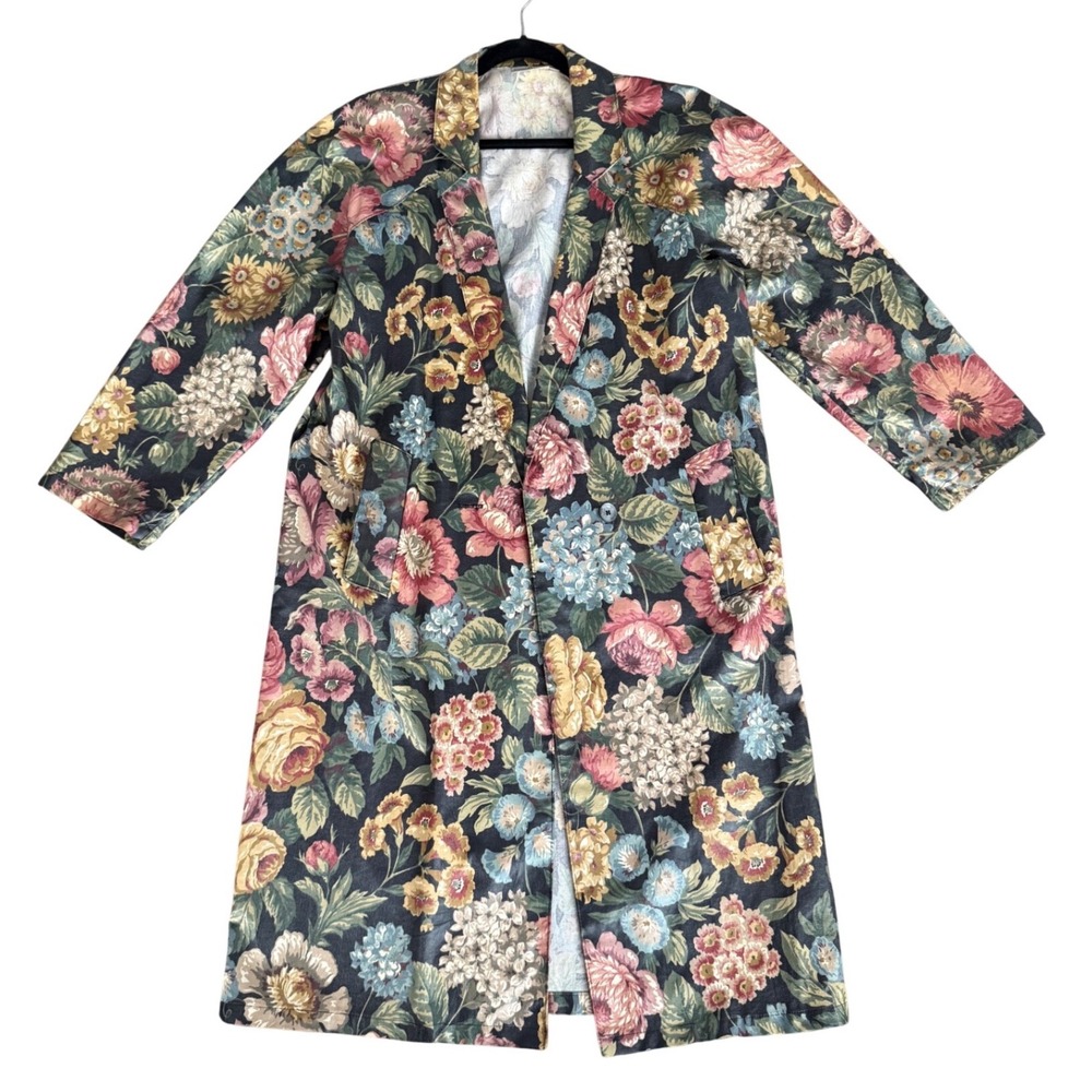 Vintage Nordic House Designs NYC Floral Print Long Coat Jacket Outerwear Size L